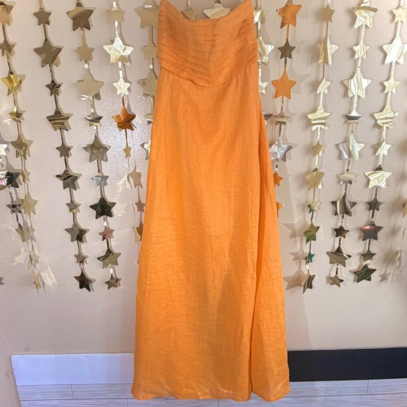 Lusana Orange Strapless Pleated Bodice Smocked Back Maxi Dress Summer Beach - Picture 5 of 10